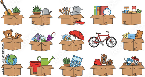 Moving boxes with household items books bicycle toys clothes and plants relocation vector illustration set