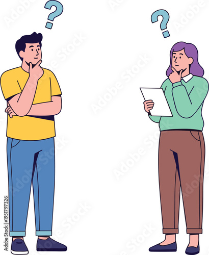 Confused people thinking with question marks man and woman problem solving concept vector illustration