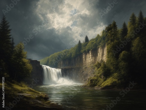 Waterfall Flows Through Rocky Cliffs With Pine Trees and Cloudy Sky at a Natu...