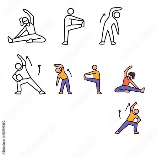 Minimal line and flat icons showing people performing stretching and warm-up exercises. Simple fitness illustration set with side bends, leg stretch and mobility poses, ideal for workout guides