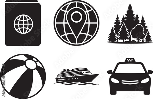 Travel and transportation icons including globe map pin trees cruise ship car