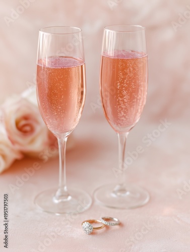 Champagne Glasses and Wedding Rings on a Soft Pink Background During a Celebr...