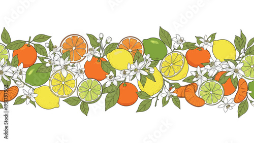Vibrant seamless horizontal border featuring an abundant array of fresh citrus fruits including lemons, oranges, limes, and mandarins with lush leaves and delicate blossoms.