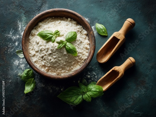 Bowl of Flour Next to Wooden Scoops and Fresh Basil Leaves on a Kitchen Count...