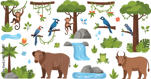 Jungle animals and tropical forest vector illustration set with monkeys, birds, bear, deer, waterfall and lush plants, wildlife nature collection design