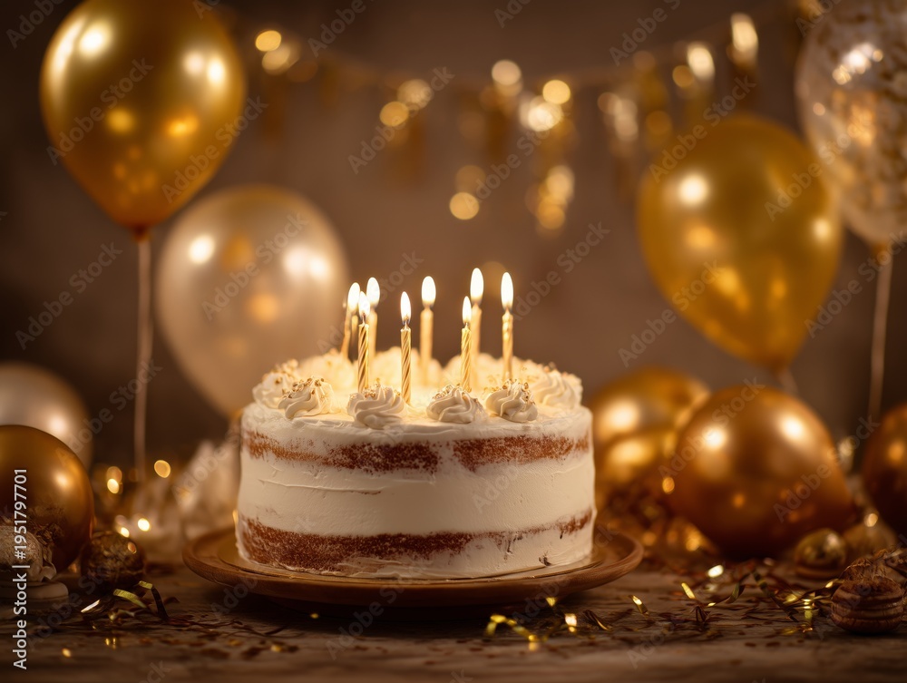 Obraz premium Celebration With Cake, Balloons, and Lights During a Birthday Party in a Festive Setting