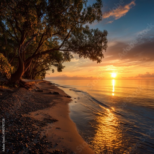 Sunset Views Over the Calm Water at the Beach With Trees Along the Shore