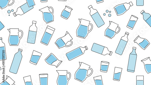Refreshing seamless pattern featuring various pitchers, bottles, and glasses filled with clear blue water, suggesting hydration and purity.