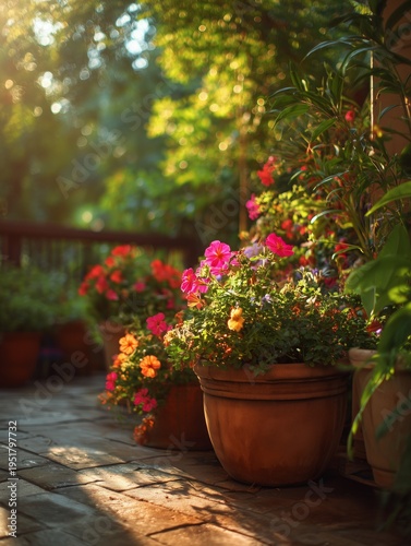 Flowers and Plants in Outdoor Pots With Sunlight Shining Through Trees in the...