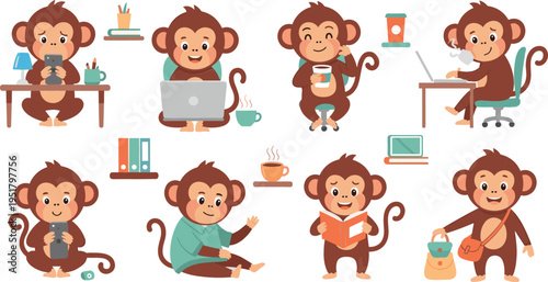 Cute monkey characters working, studying and relaxing at home vector illustration set with laptop, coffee, reading and daily lifestyle activities collection