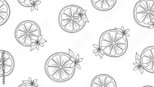 Elegant seamless monochrome line art pattern showcasing delicate citrus slices adorned with small blossoms, perfect for sophisticated botanical themes.