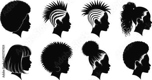 Black and white of various hairstyles for women