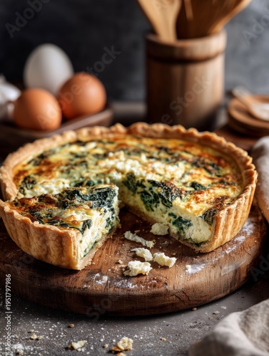 Baking a Spinach Quiche With Eggs and Cheese on a Wooden Board in a Kitchen S...