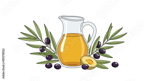 Inviting illustration of a clear glass pitcher brimming with golden olive oil, encircled by fresh olive branches featuring ripe black and halved olives.