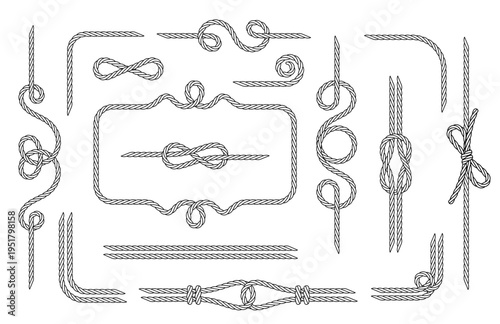 Rope. Set of various decorative rope elements. Frames, laces, knots and decorations. Nautical rope, shoe lacing, decorative binding of paper and fabric. Isolated black silhouette. Vector illustration