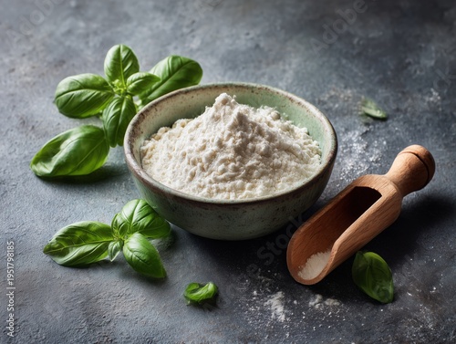 Basil Leaves Next to a Bowl of Flour and a Wooden Scoop on a Gray Surface