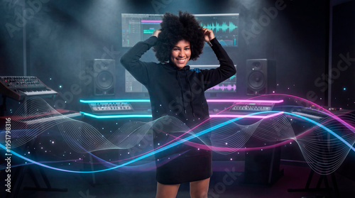 Audacious woman with afro shaping sound wave interface in futuristic music production studio