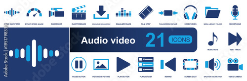 Audio video icon set. Containing waveform, camcorder, clapperboard, equalizer, film strip, headphones, microphone, play, pause, rewind, speaker and more. Solid fill vector icons collection.
