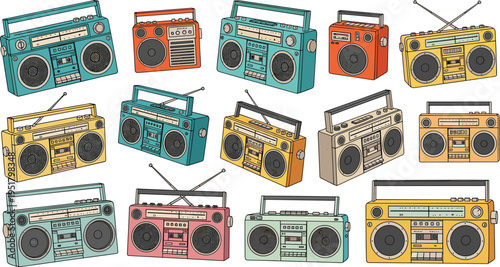 A Set of Colorful Retro Boombox Icons with Antennas, Perfect for Music, 80s, and Vintage Designs