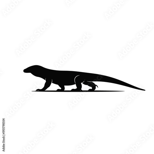Komodo Dragon Silhouette: A stark silhouette of a Komodo dragon, a creature of primal power and ancient lineage, traversing a flat plane in minimalist detail.