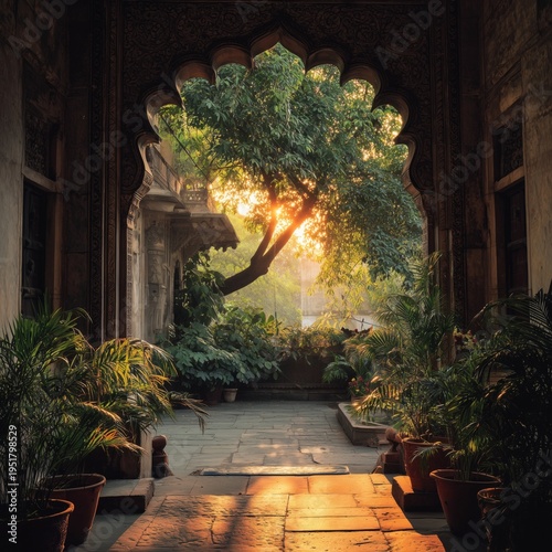 Sunlight Shines Through an Archway in a Lush Green Garden in the Morning