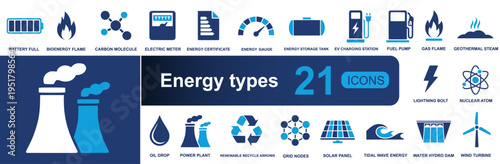 Energy types icon set. Containing battery, bioenergy, carbon, meter, gauge, charging, fuel, solar, wind, hydro, nuclear, recycle, power plant and more. Solid fill vector icons collection.