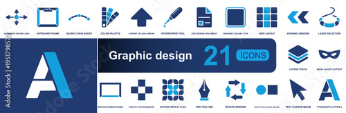 Graphic design icon set. Containing artboard, bezier curve, color palette, eyedropper, grid, layers, pen tool, shapes, cursor, typography and more. Solid fill vector icons collection.