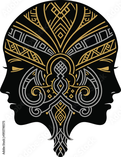Intricate Abstract Design of Two Facing Silhouettes with Ornate Patterns.