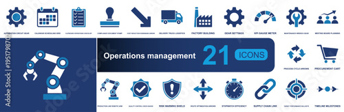 Operations management icon set. Containing automation, checklist, logistics, factory, process, quality, supply chain, efficiency and more. Solid fill vector icons for workflow control.