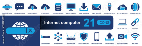 Internet computer icon set. Containing cloud upload, cloud download, database, desktop, email, ethernet, laptop, router, smartphone, wifi and more. Solid fill vector icons collection.