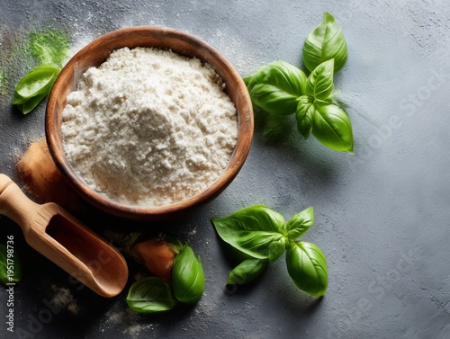 Basil Leaves Next to a Bowl of Flour and a Wooden Scoop on a Gray Surface