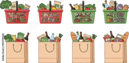 Grocery shopping baskets and paper bags filled with food vegetables and products vector illustration set