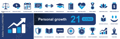 Personal growth icon set. Containing balance, habits, wellness, goals, routine, mindset, meditation, progress, achievement, resilience and more. Solid fill vector icons collection.