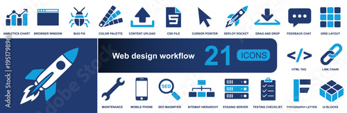 Web design workflow icon set. Containing browser, bug fix, CSS, cursor, deploy, drag and drop, SEO, sitemap, server, testing, UI blocks and more. Solid fill vector icons collection.