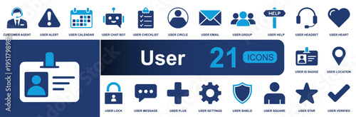 User icon set. Containing profile, agent, alert, calendar, chatbot, email, group, help, headset, lock, message, settings, location and more. Solid fill vector icons collection for app UI.