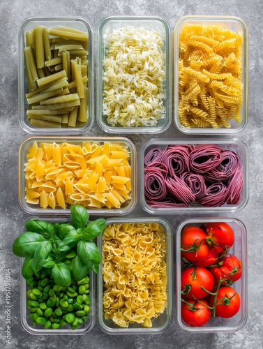 Variety of Pasta and Vegetables Prepared for Meal Prep in Kitchen