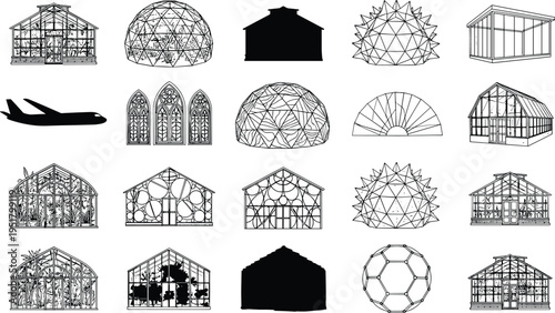 Greenhouse and geodesic dome silhouettes collection, glass structures, botanical conservatory buildings and architectural elements vector illustration isolated on clean background
