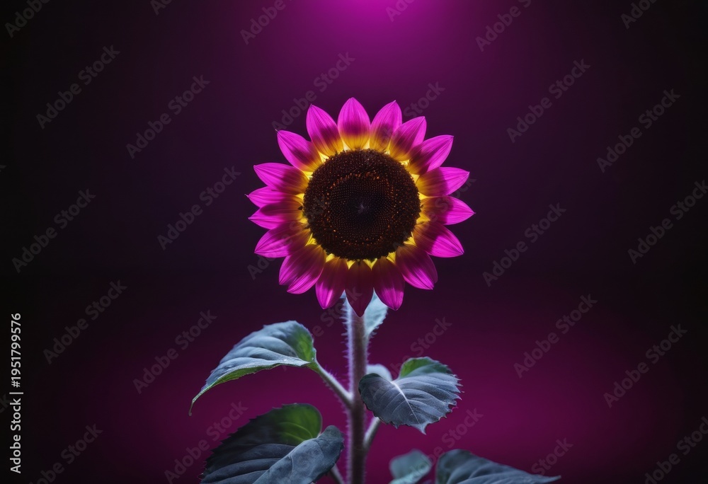 Obraz premium Vibrant Pink and Yellow Sunflower on Dark Purple Gradient Background