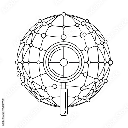 Detailed illustration of a satellite dish with a spherical antenna structure and circular grid pattern on a white background for technology and communication concepts