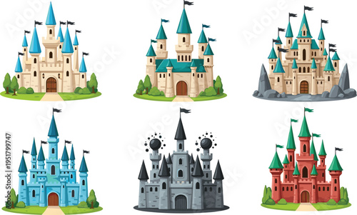 Fantasy medieval castles collection with towers flags stone walls and royal palace architecture vector illustration set