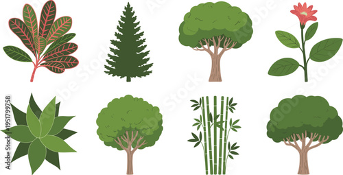 Colorful autumn leaves and green trees isolated on white background yellow