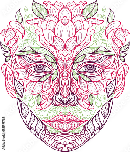Intricate Floral Face Design with Delicate Petals and Leaves.