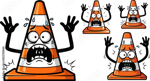 Set of 4 cartoon traffic cones with expressive faces vector