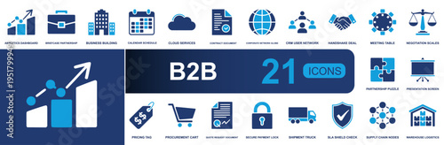 B2B icon set. Containing analytics dashboard, partnership, contract, CRM network, handshake, pricing, procurement, shipment, secure payment and more. Solid vector icons collection.