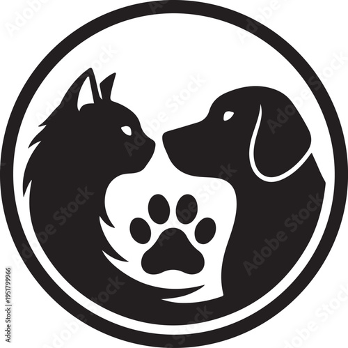 A black and white logo of a cat and dog