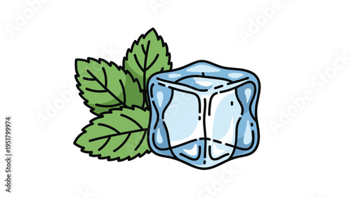 Refreshing illustration of a clear ice cube accompanied by three fresh green mint leaves, perfect for cool beverage and summer themes.