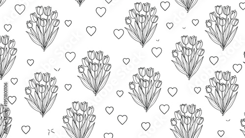 Romantic seamless monochrome line art pattern featuring charming tulip bouquets and floating hearts, perfect for expressing love and elegance.