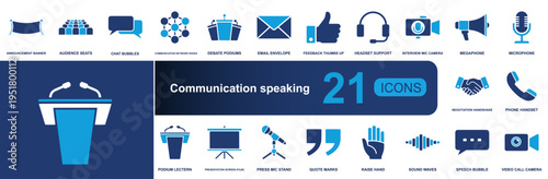Communication speaking icon set. Containing banner, audience, chat, podium, email, headset, microphone, handshake, phone, sound waves, video call and more. Solid vector icons collection.