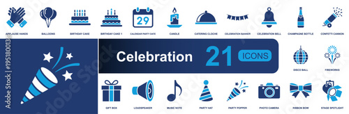 Celebration icon set. Containing balloons, birthday cake, candle, champagne bottle, confetti cannon, fireworks, gift box, party hat, ribbon bow and more. Solid vector icons collection.