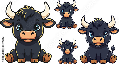 Set of 4 cute cartoon bulls vector illustrations